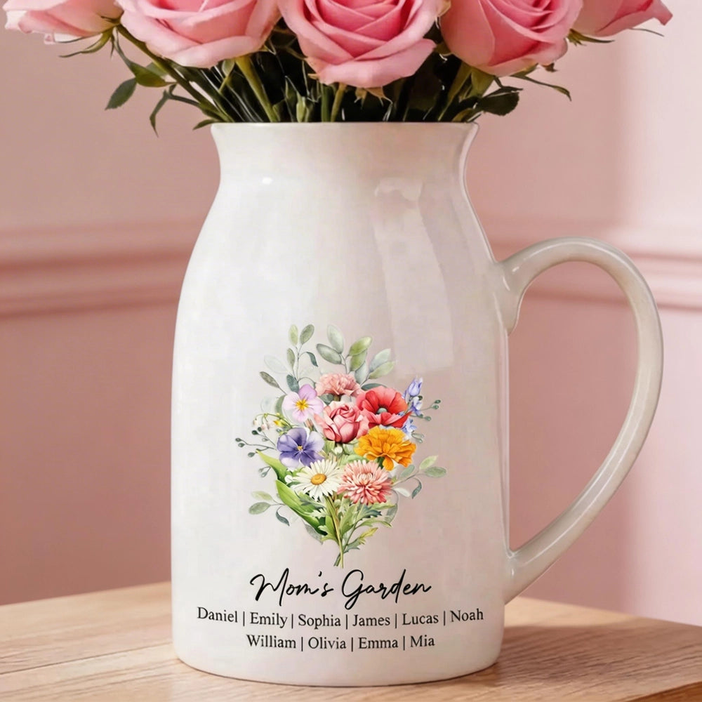 Personalized Handled Vase with Floral Bouquet Design for Dining Table or Entryway, Unique Gift for Mom