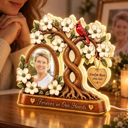 Personalized Acrylic Light Box with Memorial Photo, Flowering Family Tree and Cardinal, Unique Sympathy Gift for Family