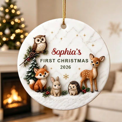 Ceramic Ornament, Personalized First Christmas Woodland Animals, Unique Gift for Baby & Family
