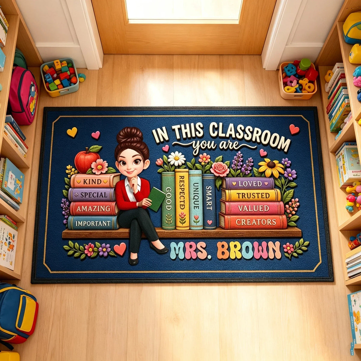 Personalized Teacher Doormat, Navy Classroom Welcome Design, Unique Creative Gift for Back to School