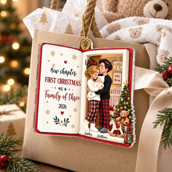Personalized Acrylic Ornament, New Parents Embracing Baby by Christmas Tree, Unique Keepsake Gift