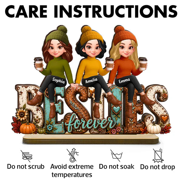 Unique Personalized 2-Layer Wooden Plaque, Cozy Fall Besties Forever Gift for Friends Holding Coffee