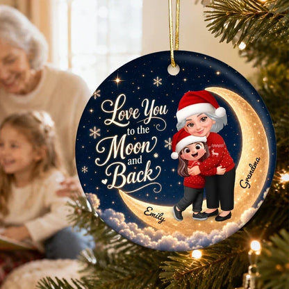 Personalized Ceramic Ornament, Hugging Grandma and Granddaughter on a Navy and Gold Moon, Unique Christmas Gift