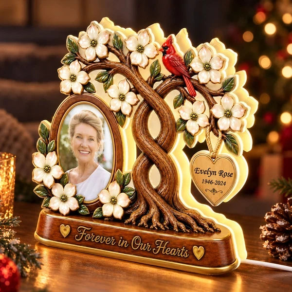 Personalized Acrylic Light Box with Memorial Photo, Flowering Family Tree and Cardinal, Unique Sympathy Gift for Family