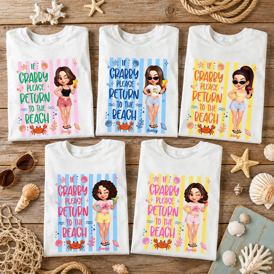 Personalized Classic Tee, Cute Crabby Beach Cartoon Shirt, Unique Creative Gift for Beach Lovers