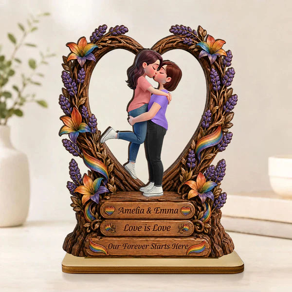 Personalized Wooden Plaque, Kissing LGBT Couple With Rainbow Flag, Unique Creative Gift for Couple