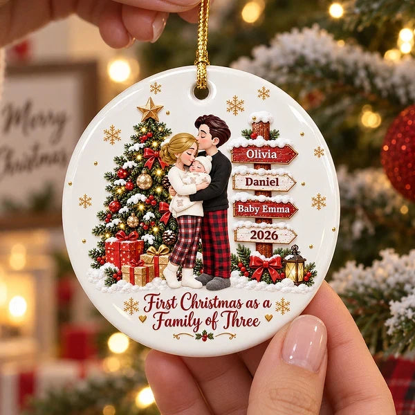 Personalized First Christmas Ceramic Ornament, Parents Cuddling Baby by a Christmas Tree, Creative Gift for New Parents
