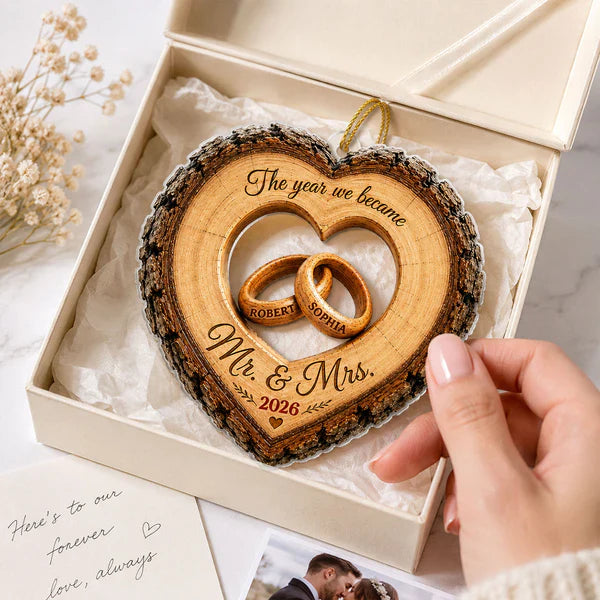 Personalized Acrylic Ornament, Heart Ring Wedding Keepsake, Unique Gift for Couple, Mr. & Mrs Holiday Decor