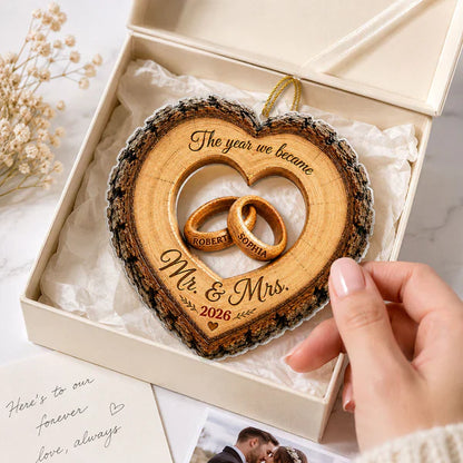 Personalized Acrylic Ornament, Heart Ring Wedding Keepsake, Unique Gift for Couple, Mr. & Mrs Holiday Decor