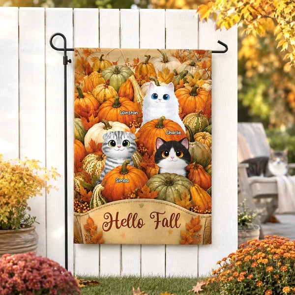 Hello Fall Personalized Garden Flag, Playful Cats in a Pumpkin Patch, Creative Gift for Cat Lovers and Autumn Decor
