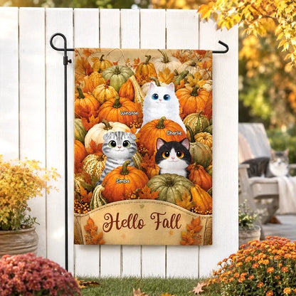 Hello Fall Personalized Garden Flag, Playful Cats in a Pumpkin Patch, Creative Gift for Cat Lovers and Autumn Decor