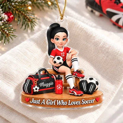 Personalized Acrylic Ornament, Seated Soccer Girl Holding a Ball, Unique Christmas Gift for Daughter