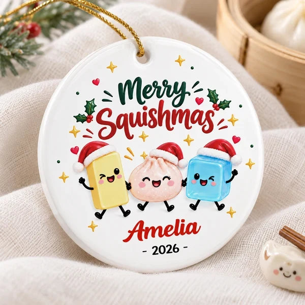 Personalized Ceramic Ornament, Merry Squishmas Cartoon Keepsake, Unique Christmas Gift for Squishy Fans