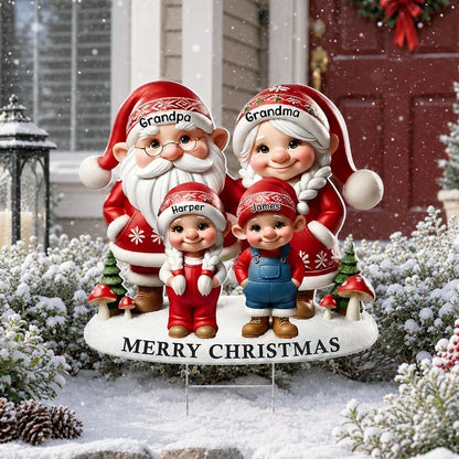 Personalized Shaped Yard Sign, Christmas Gnome Grandparents & Grandkids in Snow, Unique Gift for Grandparents