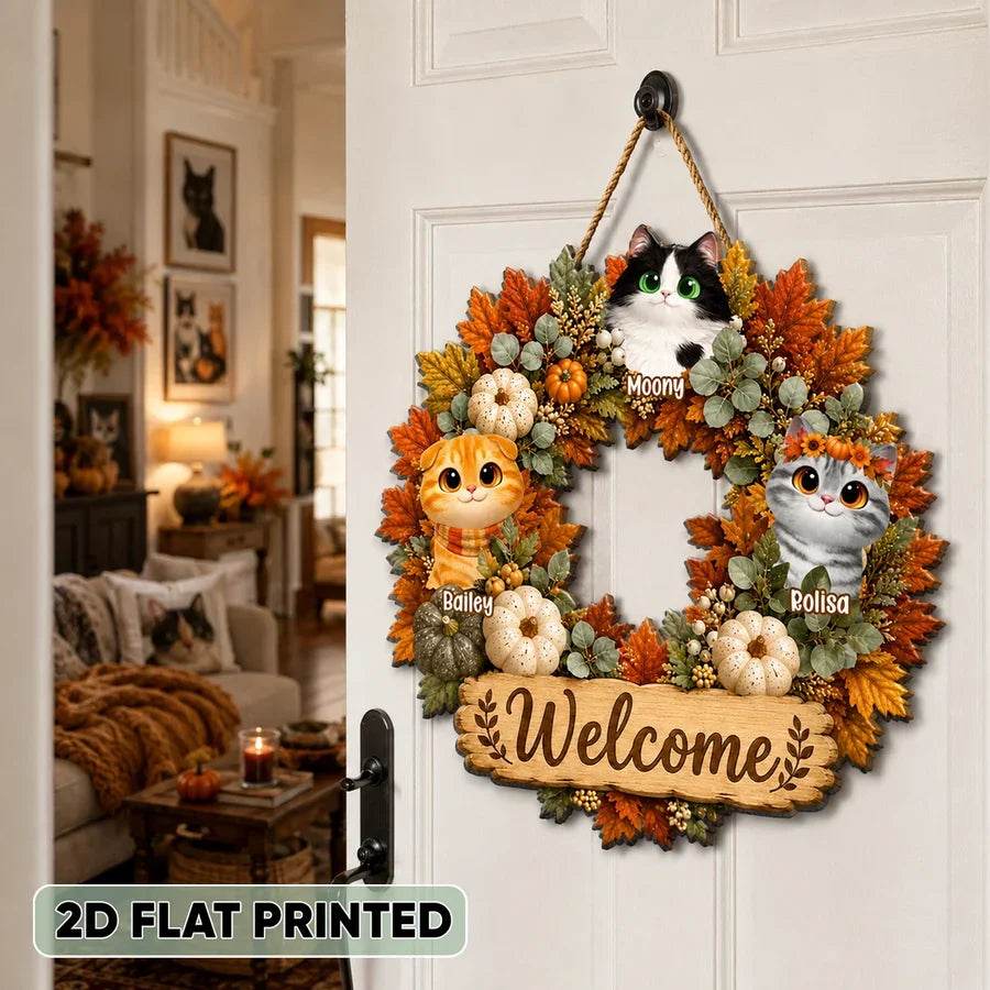Welcome Home Personalized Wooden Sign, Cute Autumn Cat Wreath Decor, Creative Gift for Pet Owners