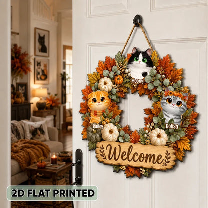 Welcome Home Personalized Wooden Sign, Cute Autumn Cat Wreath Decor, Creative Gift for Pet Owners