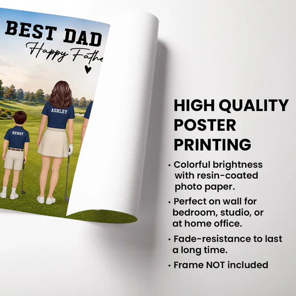 Personalized Golf Dad Poster, Standing Family on Golf Course, Unique Creative Gift for Father's Day