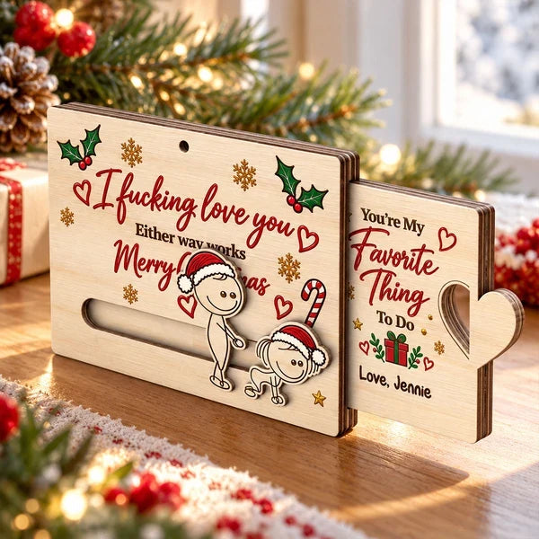 Personalized Wooden Sliding Ornament, Playfully Posing Cartoon Couple, Unique Christmas Gift for Partner