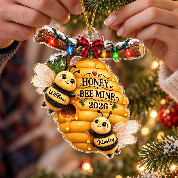 Personalized Acrylic Ornament with Cute Bee Couple and Hive, Unique Christmas Gift for Couples