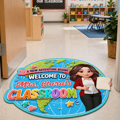 Personalized Shaped Doormat, Globe Classroom Welcome Design, Unique Creative Gift for Teacher