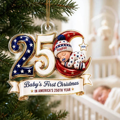 Personalized Acrylic Ornament, Sleeping Baby's First Christmas in Patriotic Colors, Unique Gift for New Parents