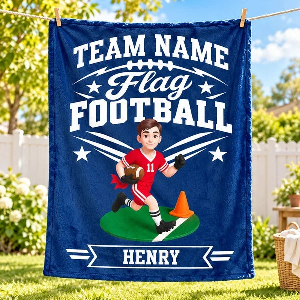 Personalized Flag Football Fleece Blanket, Running Player Design, Unique Gift for Young Athletes