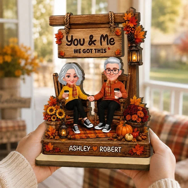 You & Me Personalized 2-Layer Wooden Plaque, Autumn Couple Holding Hands, Creative Gift for Partners