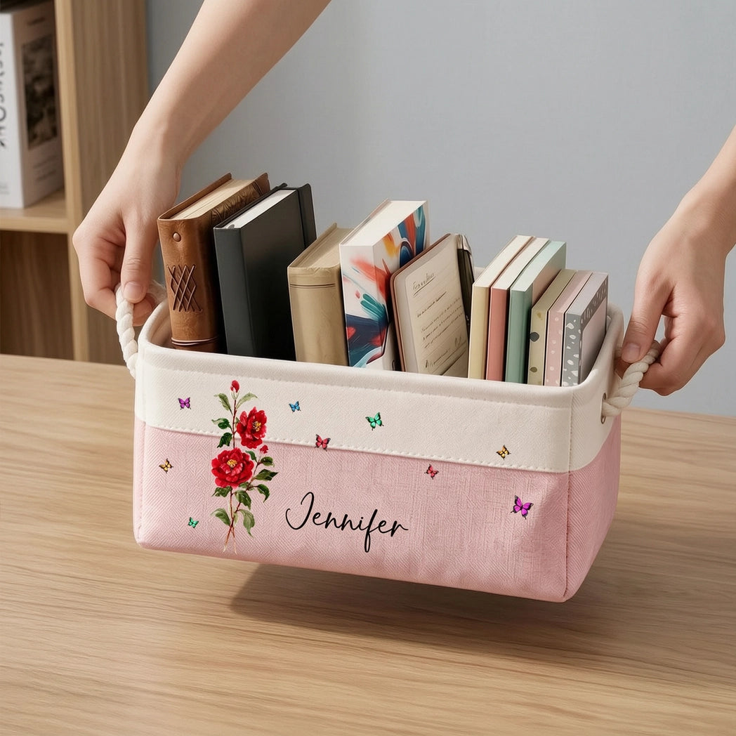 Personalized Cotton Linen Rope Basket, Pink Floral Butterfly Home Office Storage, Unique Gift for Her