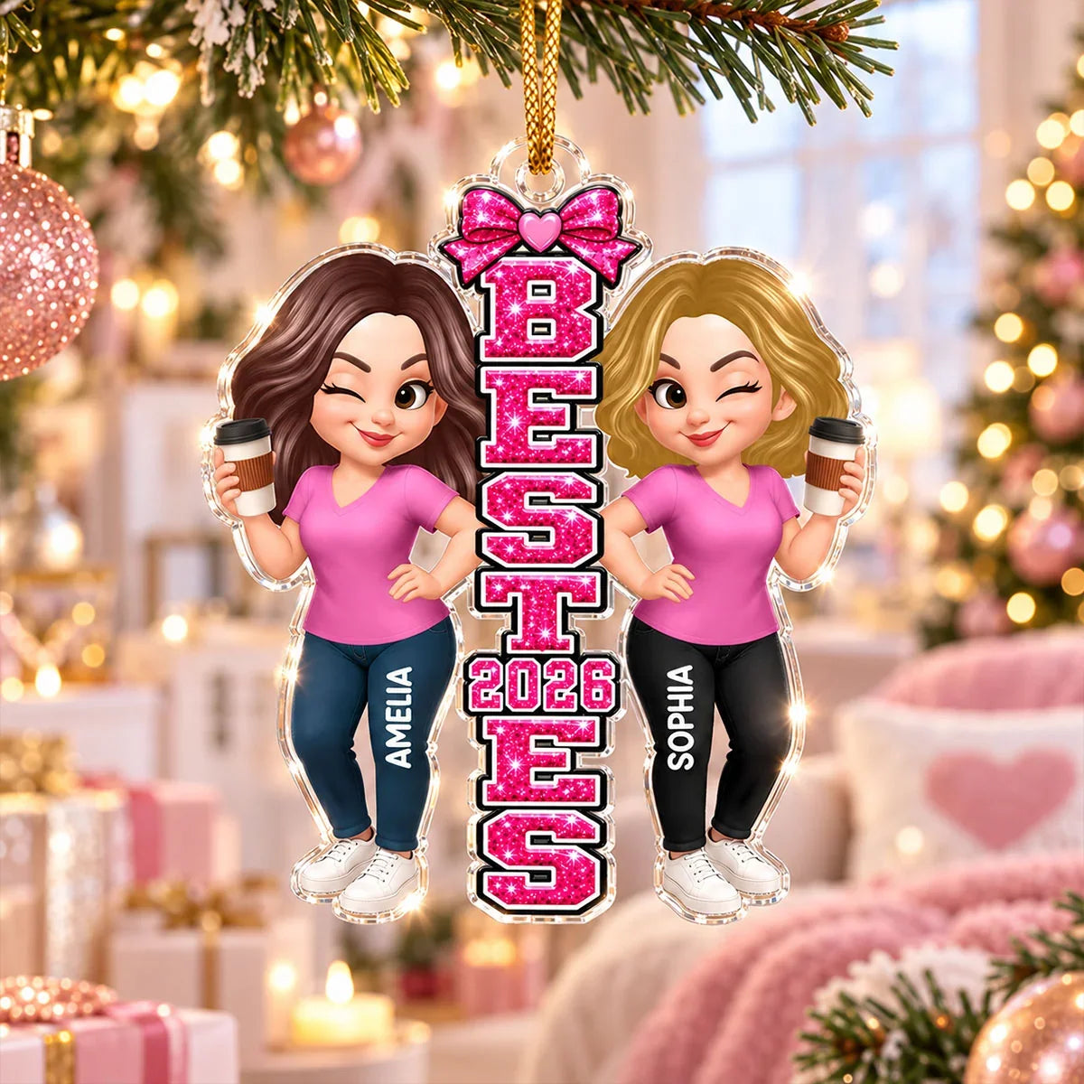 Personalized Acrylic Ornament, Pink Besties Holding Coffee on a Festive Tree, Unique Gift for Friends