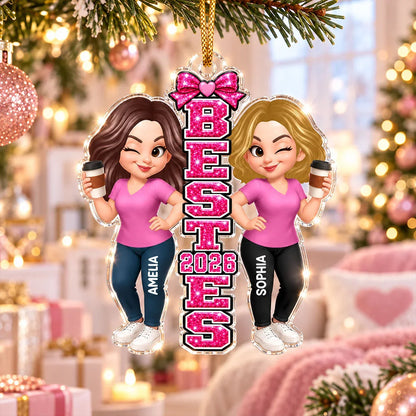 Personalized Acrylic Ornament, Pink Besties Holding Coffee on a Festive Tree, Unique Gift for Friends