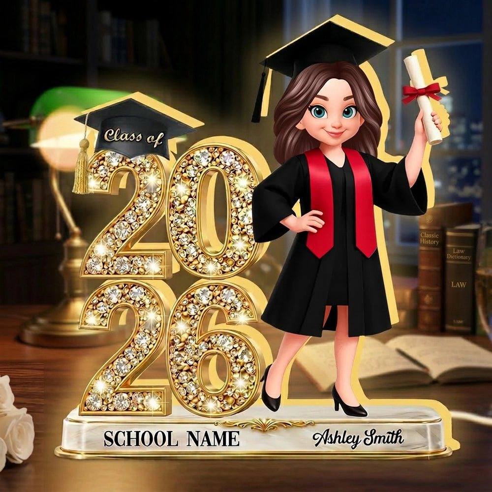 Personalized Graduation Acrylic Light Box with Class of 2026 Glitter Look and Grad Holding Diploma, Unique Gift for Graduates