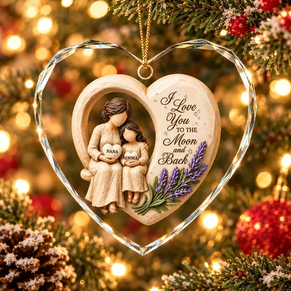 Personalized Ceramic Heart Ornament, Seated Grandma and Granddaughter Christmas Scene, Unique Family Gift