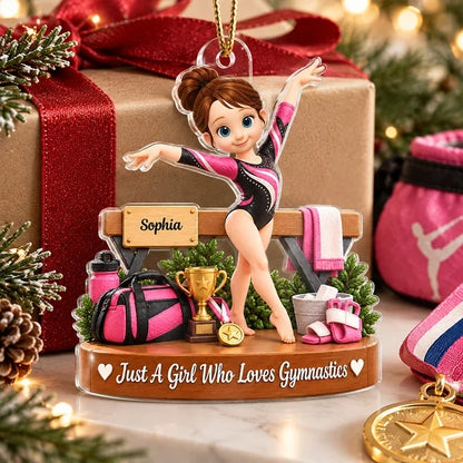 Just a Girl Who Loves Gymnastics Personalized Acrylic Ornament, Gymnast Posing with Trophy, Creative Gift for Young Gymnast