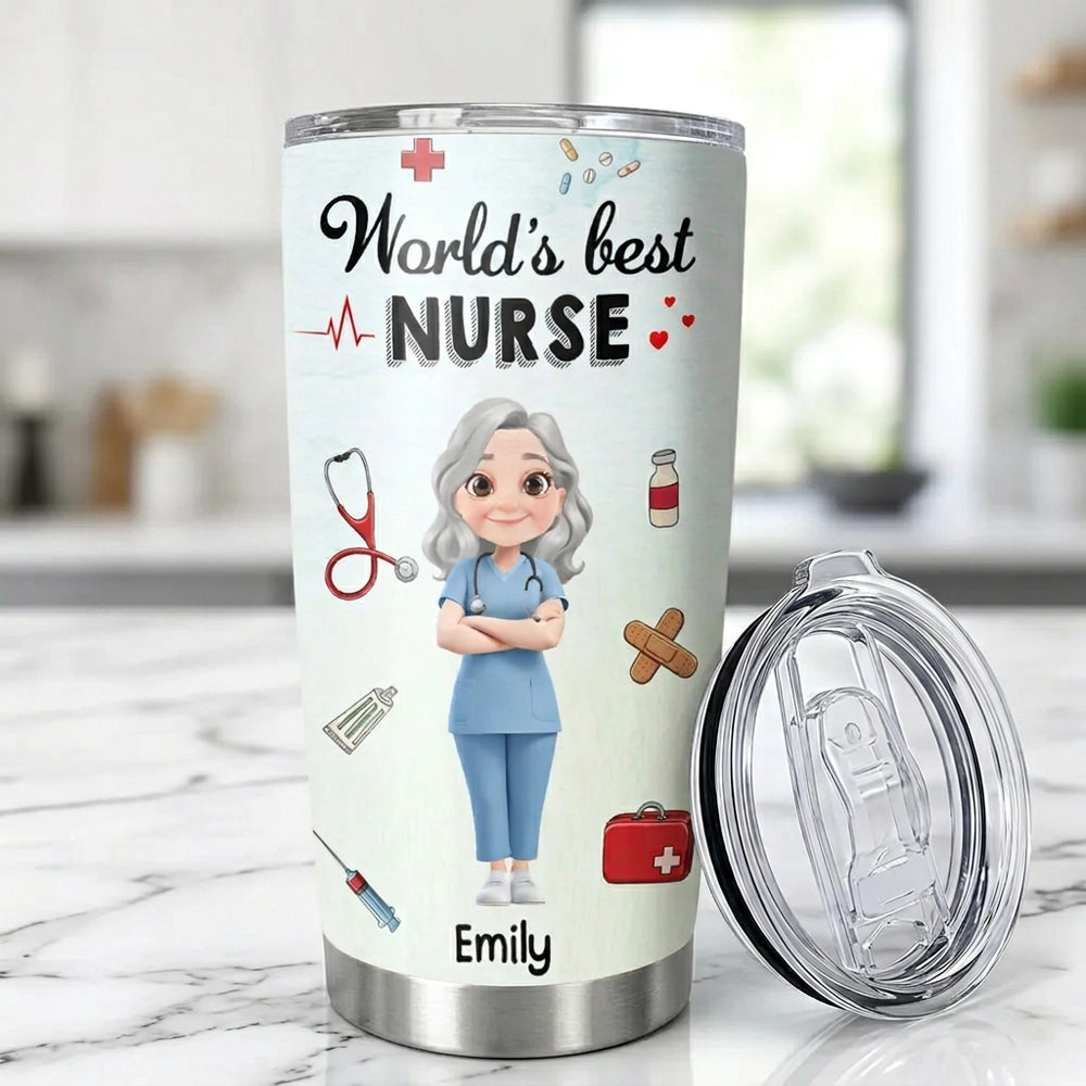 Personalized Insulated Travel Tumbler for Nurses - World's Best Nurse Cute Cartoon Design, Unique Gift for Her