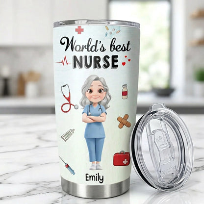 Personalized Insulated Travel Tumbler for Nurses - World's Best Nurse Cute Cartoon Design, Unique Gift for Her