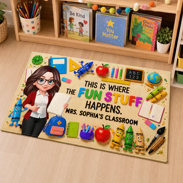 Personalized Standard Doormat With Standing Cartoon Teacher & School Supplies, Unique Teacher Gift