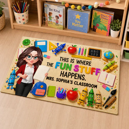 Personalized Standard Doormat With Standing Cartoon Teacher & School Supplies, Unique Teacher Gift