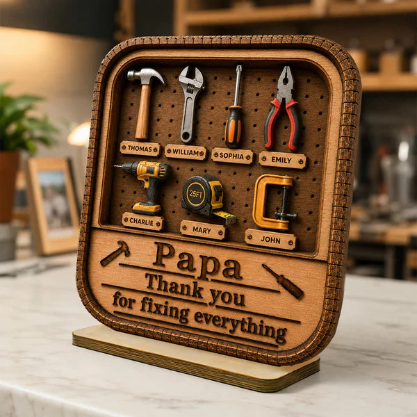 Personalized 2-Layer Wooden Plaque with Tool Box Design, Unique Gift for Papa Dad or Grandpa