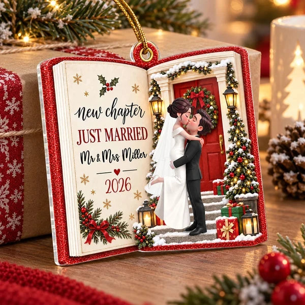 Personalized Acrylic Ornament, Kissing Newlyweds at a Snowy Door, Unique Christmas Gift for a Couple