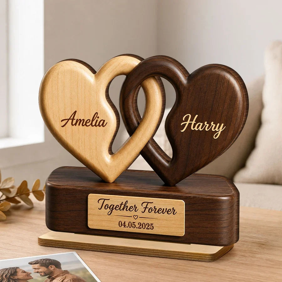 Personalized 2-Layer Wooden Plaque, Interlocking Hearts in Warm Tones, Unique Gift for Couple