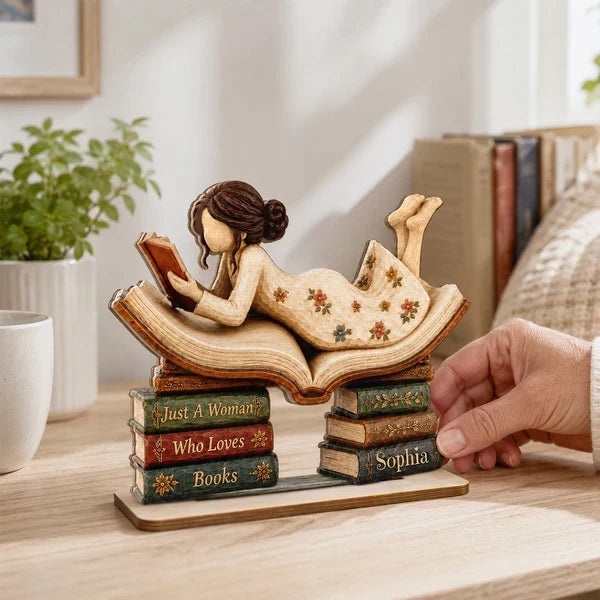 Personalized Wooden Ornament, Woman Reading On Open Book, Warm Vintage Unique Creative Gift For Book Lover