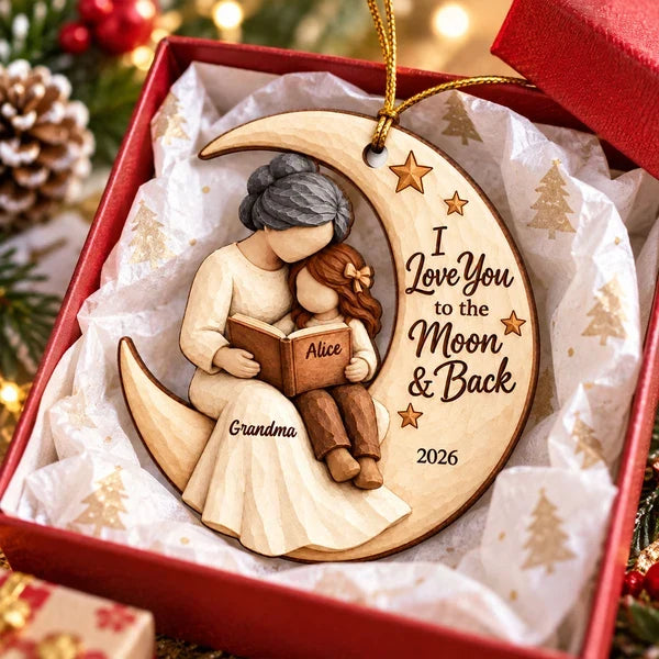 Personalized Wooden Ornament, Grandma & Grandchild Reading on Moon, Unique Christmas Gift for Grandkids