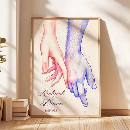 Personalized Couple Holding Hands Poster, Watercolor Wall Art, Unique Creative Gift for an Anniversary