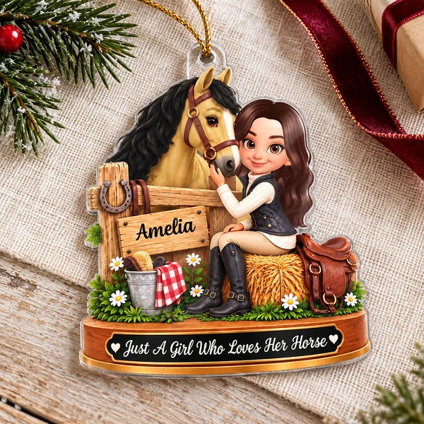 Personalized Acrylic Ornament, Girl Cuddling a Chestnut Horse at a Rustic Stable, Unique Christmas Gift for Horse Lover
