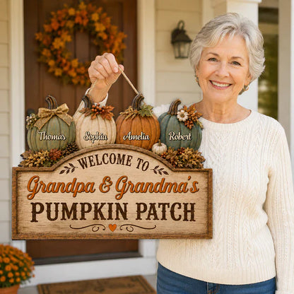 Personalized Wooden Sign, Grandma & Grandpa Pumpkin Patch Door Decor, Unique Fall Gift