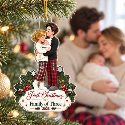Personalized Acrylic Ornament, Hugging Parents and Baby at Christmas, Unique Gift for New Parents
