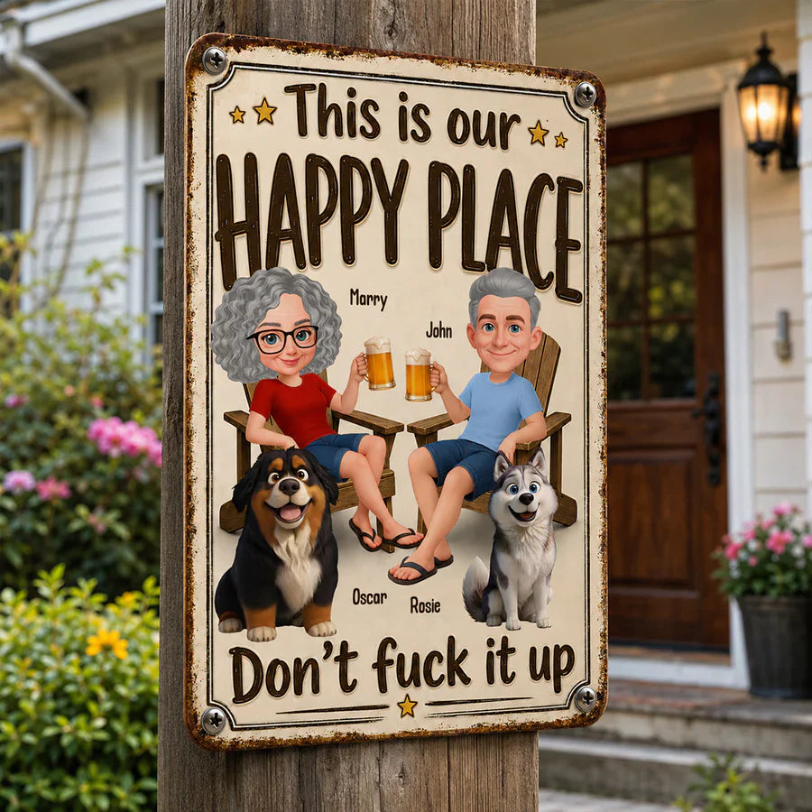 Personalized Rectangular Iron Sign, Vintage Happy Place Couple & Dogs, Unique Creative Gift for Home