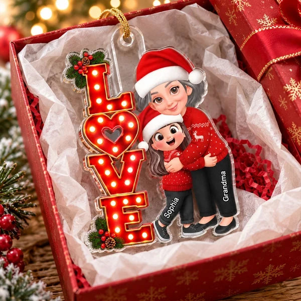 Personalized Acrylic Ornament, Grandma Hugging Granddaughter in Red Christmas Style, Creative Gift for Grandma