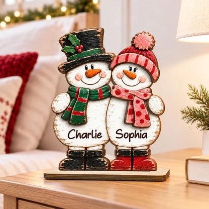 Personalized 2-Layer Wooden Plaque, Rustic Snowman Couple Standing Together, Unique Christmas Gift for Couples