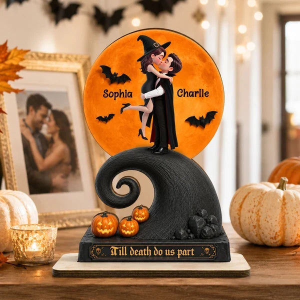 Personalized 2-Layer Wooden Plaque, Halloween Moon Couple Kiss, Unique Creative Gift for Couple